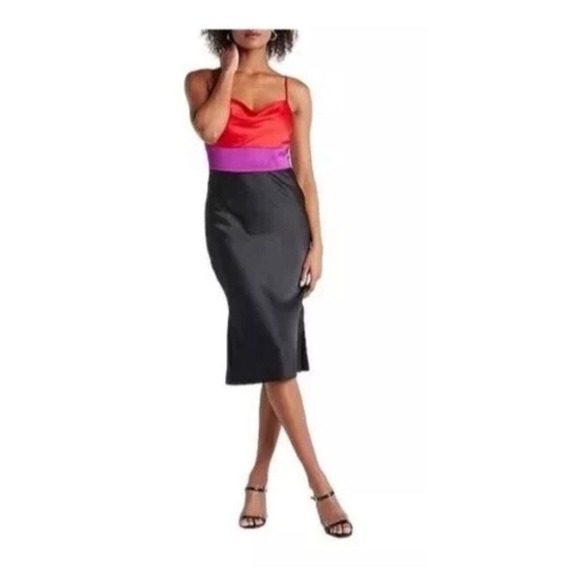 Express Dresses & Skirts - EXPRESS Satin Color Block Black Purple Tier Cowl Neck Y2k Midi Slip Dress